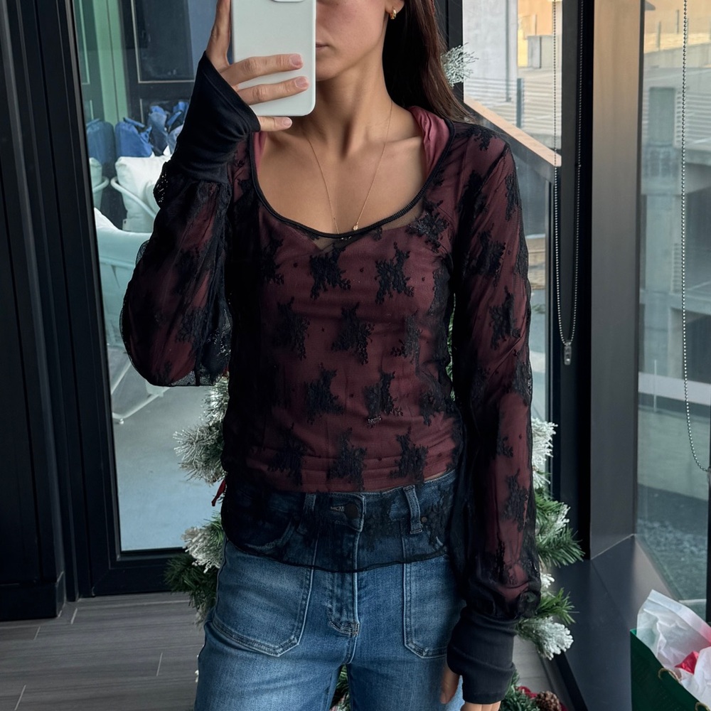 Free People Black Sheer Lace Top
